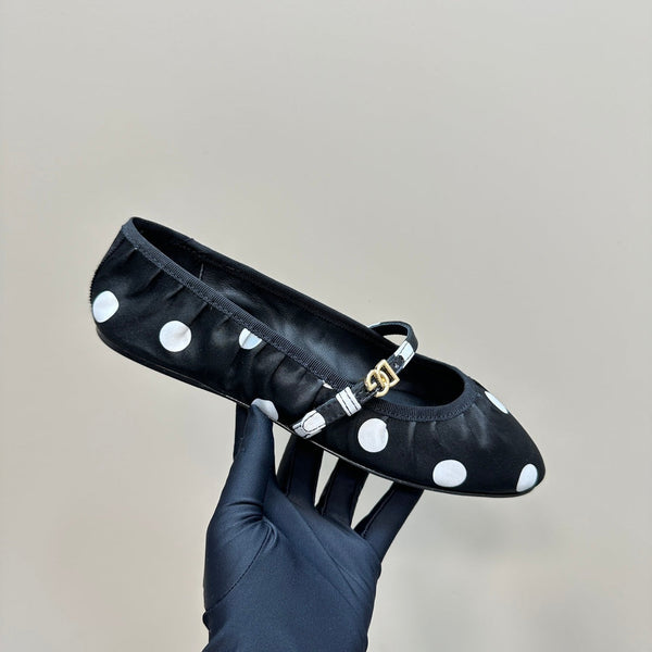 DC Polka-Dot Ballet Flats Black White Sheepskin & Silk 999234