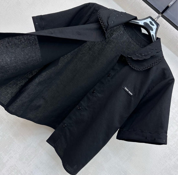 Miu SS26 Set Scalloped-Collar Shirt A-line Skirt Black Cotton Linen 351921