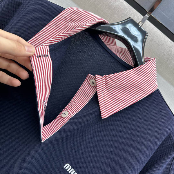 Miu SS26 Piqué Oversize Polo Shirt Navy Blue Cotton 350370