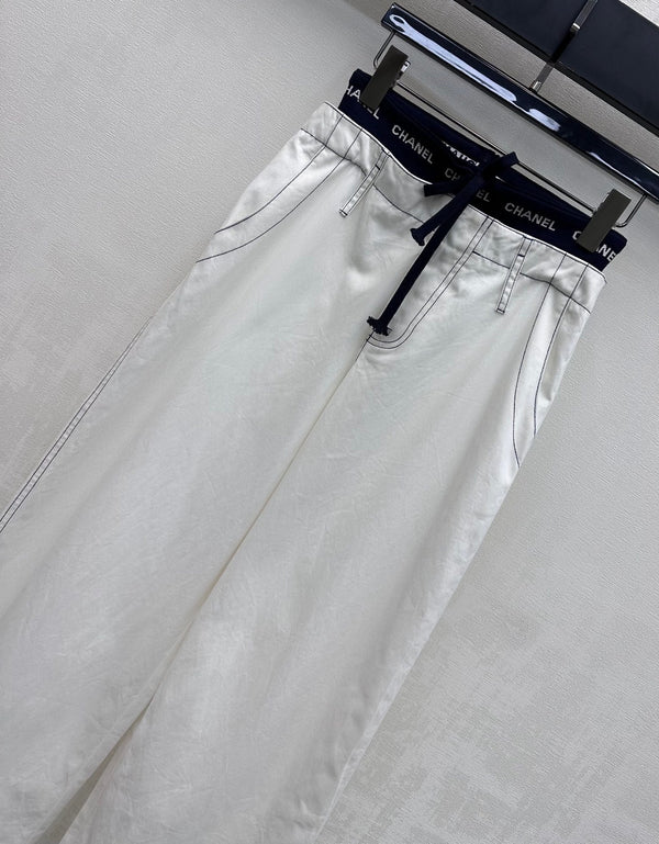 CC Drawstring Webbing Trousers White Cotton Tencel 350186