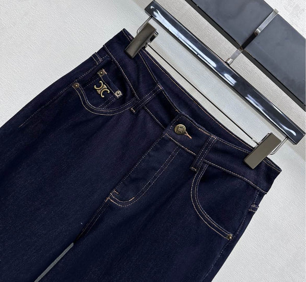 Celine Logo Straight-Leg Jeans Dark Blue Polyester Cotton 351743