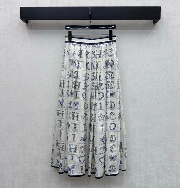 CD 26s Monogrammed Midi Skirt White Navy Blue Polyester Fiber