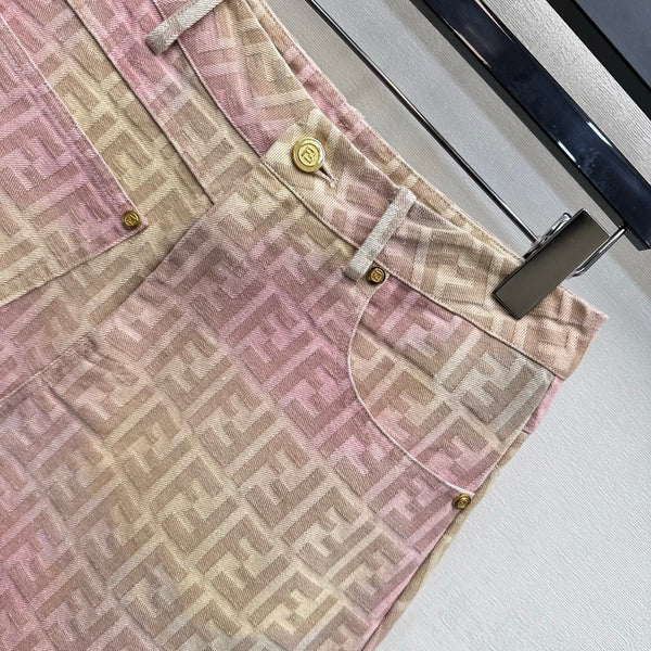 Fendi 26s Midi Skirt Beige Pink Jacquard Denim 366972