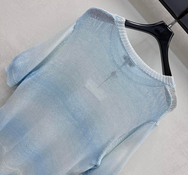 CC 26s Short-Sleeve Knit Top Light Blue Wool Polyester 378338