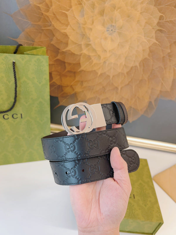 Gucci Supreme Belt Shiny Sliver Buckle 37mm Black Embossed Leather