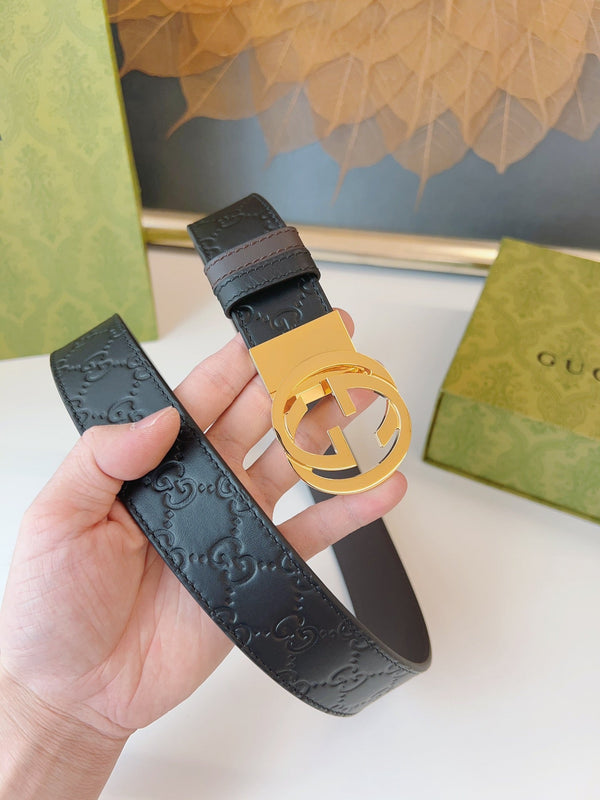Gucci Supreme Belt Gold Buckle 37mm Black Embossed Leather