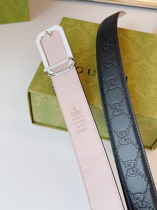 Gucci Signature Belt Sliver Buckle 35mm Black Embossed Leather