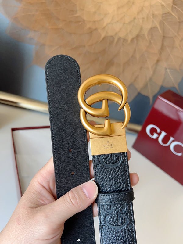 DOUBLE G MARMONT GOLD BUCKLE 37MM BLACK EMBOSSED LEATHER