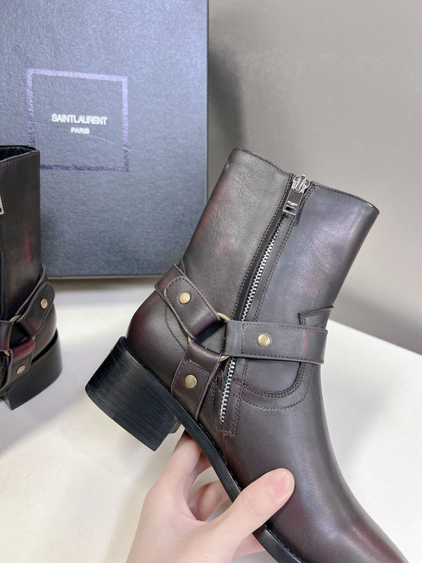SL HARNESS BOOTS BLACK AND GARNET CALFSKIN