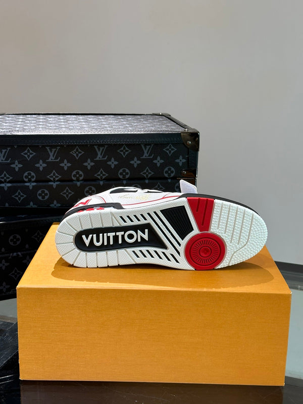 LV TRAINER SNEAKERS IN WHITE CALFSKIN AND BLACK MIX RED SUEDE