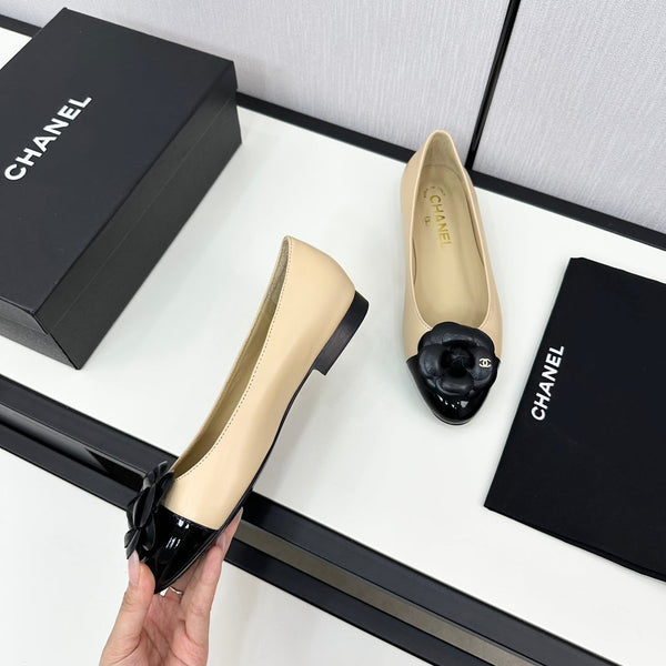 ballet flat flower cream calfskin black patent calfskin
