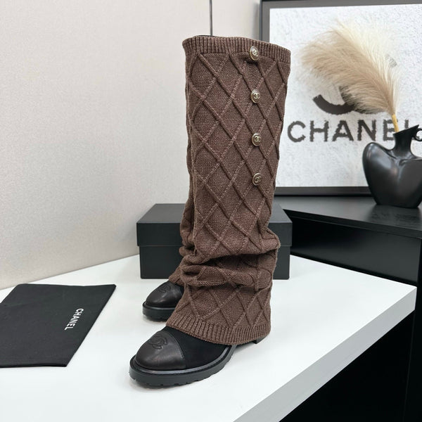 CC 26s Diamond Knit Buttoned Long Boots Black Dark Brown Calfskin Knit 985768