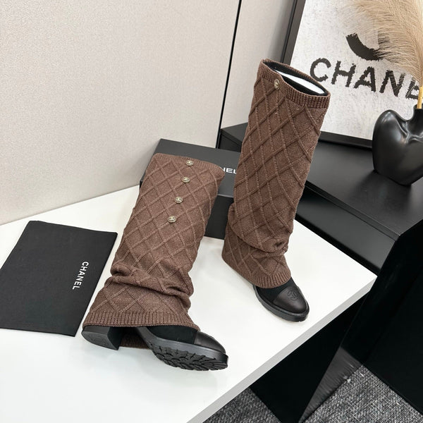 CC 26s Diamond Knit Buttoned Long Boots Black Dark Brown Calfskin Knit 985768