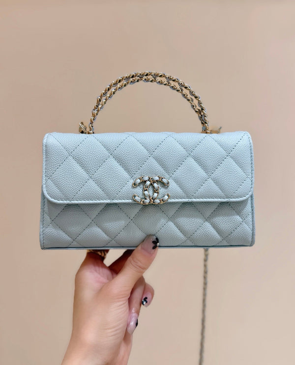 CC 25S Kelly Bag Top Handle 18cm Cloud Blue Grained Calfskin