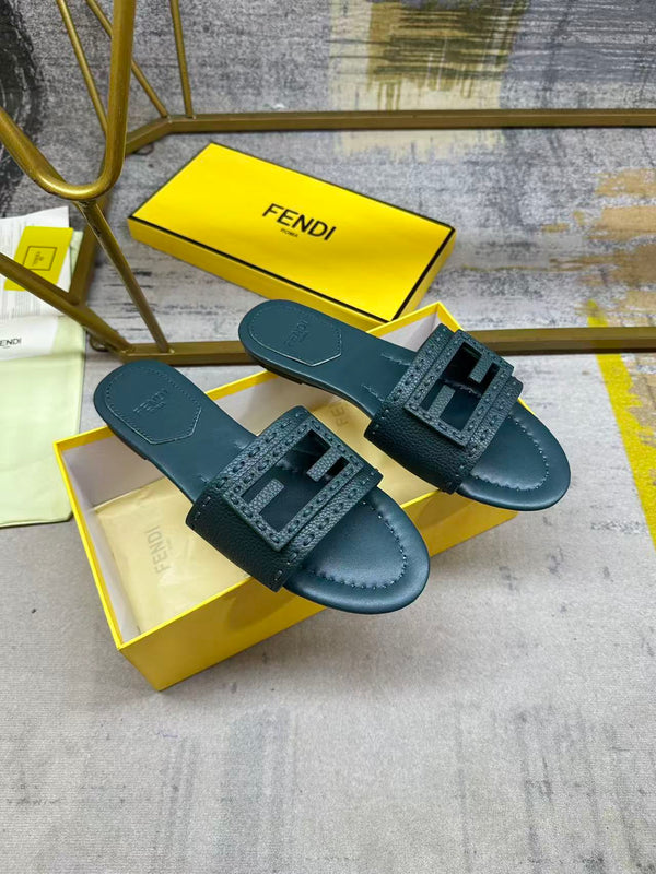 FF Baguette Slides Embroidered Teal Green Nappa Leather 826560