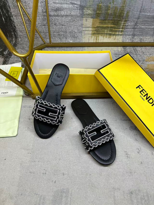 FF Baguette Slides Embroidered Black Nappa Leather 826561