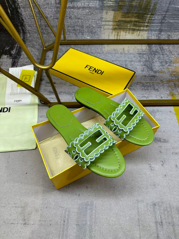 FF Baguette Slides Embroidered Green Nappa Leather 826566