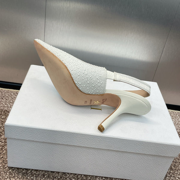 cd slingback pump 95 embroidered cotton white calfskin resin pearl
