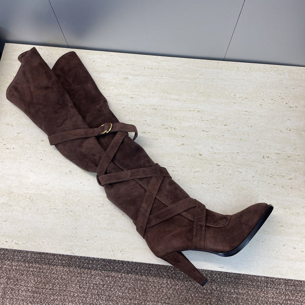 YSL Janis Long Boots 95mm Coffee Suede 551941