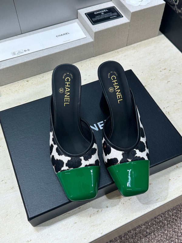 CC Square Toe Color-Blocked Mule 9cm Teal Green Horsehair Patent Leather 830459