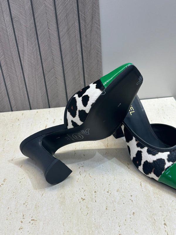 CC Square Toe Color-Blocked Mule 9cm Teal Green Horsehair Patent Leather 830459