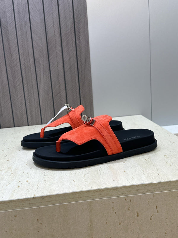 HM 26S Empire Sandal In Coral Orange Suede Silver Hardware