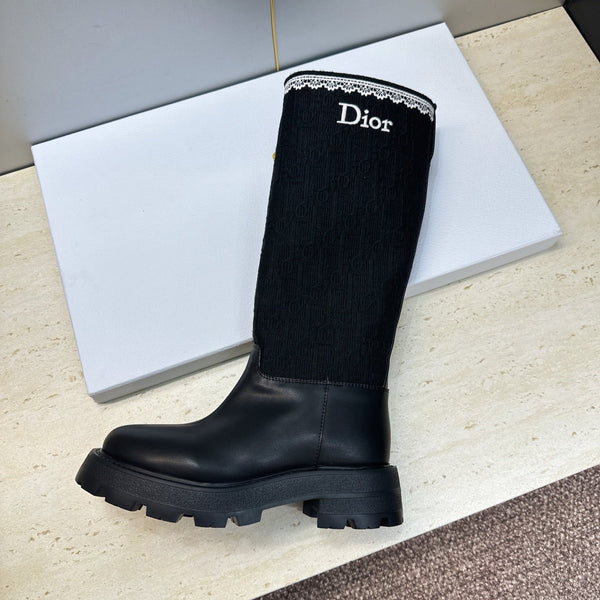 CD 26s Knee High Boots 3cm Black Oblique Canvas Leather 118454