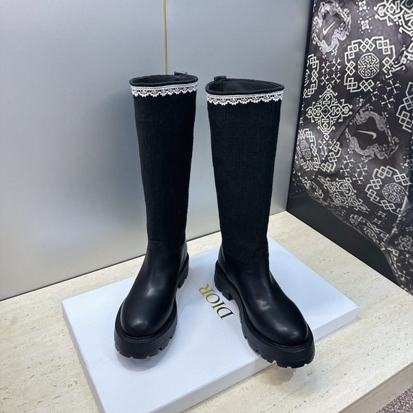 CD 26s Knee High Boots 3cm Black Oblique Canvas Leather 118454
