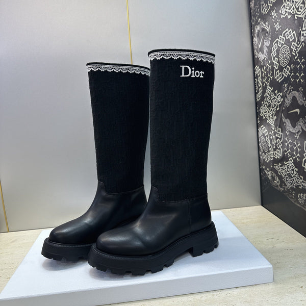 CD 26s Knee High Boots 3cm Black Oblique Canvas Leather 118454