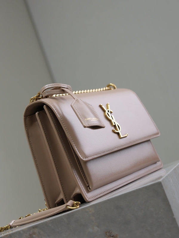 YSL Medium Sunset Shoulder Bag 22cm Beige-Brown Cowhide GHW