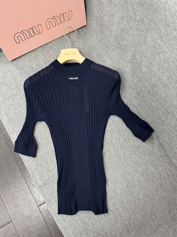 Miu Short-sleeved T-shirt Navy Blue Wool 345306