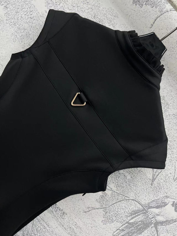LV 25 Stand-Up Collar Ruffled Edges Dress Black Polyester
