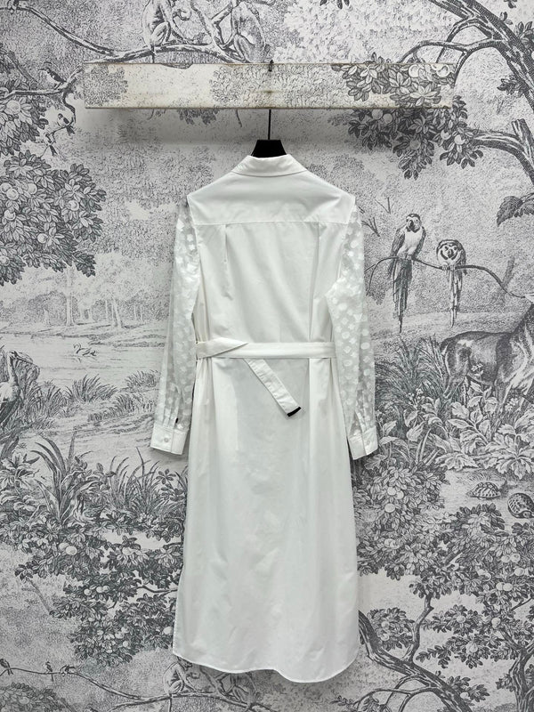 LV 25 Splicing Perspective Jacquard Monogram Sleeve Dress White Cotton