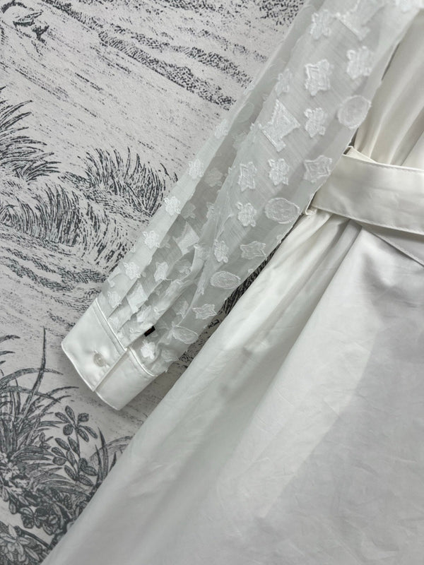LV 25 Splicing Perspective Jacquard Monogram Sleeve Dress White Cotton