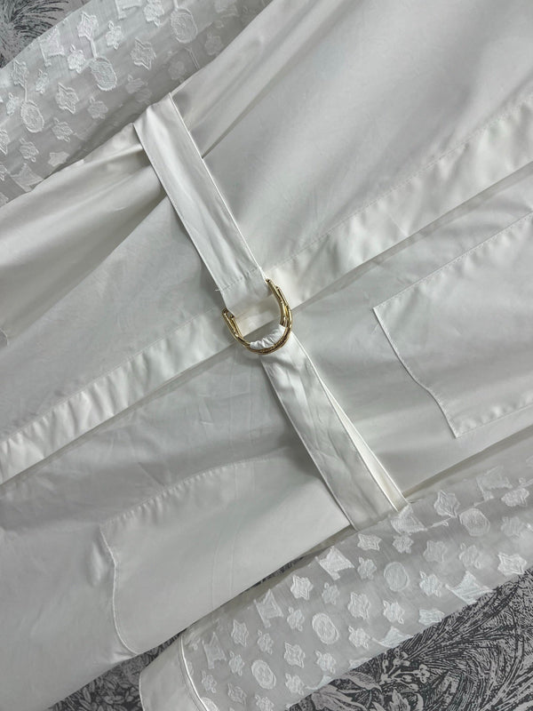 LV 25 Splicing Perspective Jacquard Monogram Sleeve Dress White Cotton