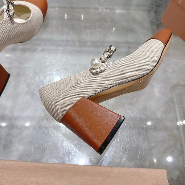 Miu 25C Mary Jane 75MM Beige Cream Mix Brown Fabric 235367