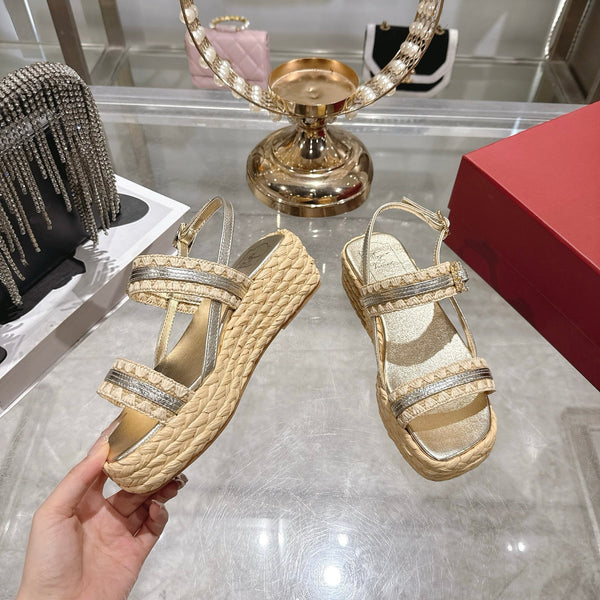 Roger Vivier Wedge Sandals 6cm Sliver Beige Lambskin Raffia 679797