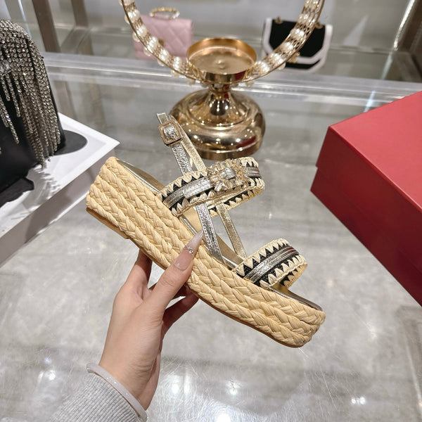 Roger Vivier Wedge Sandals 6cm Gold Black Lambskin Raffia 679798