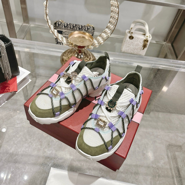 Roger Vivier Zag Sneakers White Olive Lace Suede 679799
