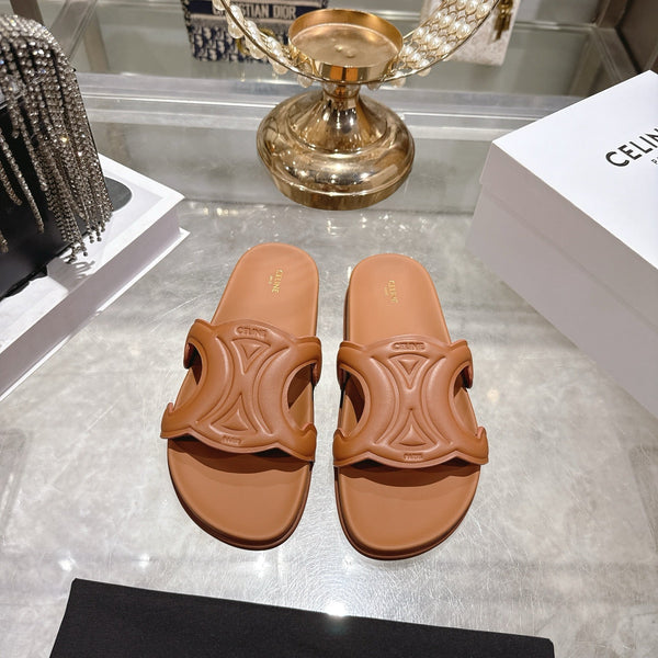 Celine 26s Triomphe Slide Tan Brown Sheepskin 679830