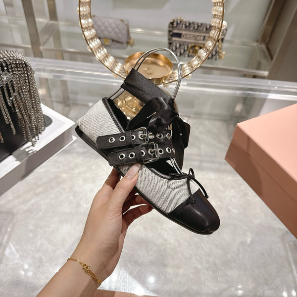 Miu 26s Ballerinas Beige Black Canvas Leather 679790