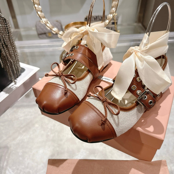 Miu 26s Ballerinas Beige Brown Canvas Leather 679791