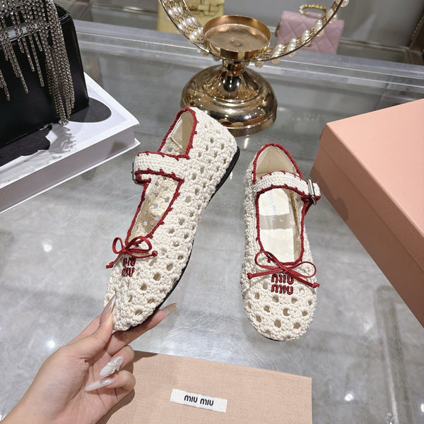 Miu Crochet Ballerinas Cream Red Wool Leather 901741
