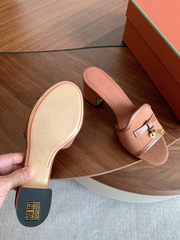LP 26s Summer Mule Heels 60mm In Dusty Rose Brown Canvas & Calfskin