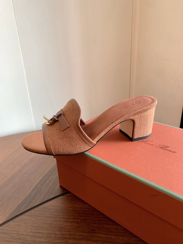 LP 26s Summer Mule Heels 60mm In Dusty Rose Brown Canvas & Calfskin