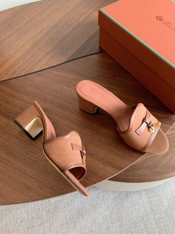 LP 26s Summer Mule Heels 60mm In Dusty Rose Brown Canvas & Calfskin