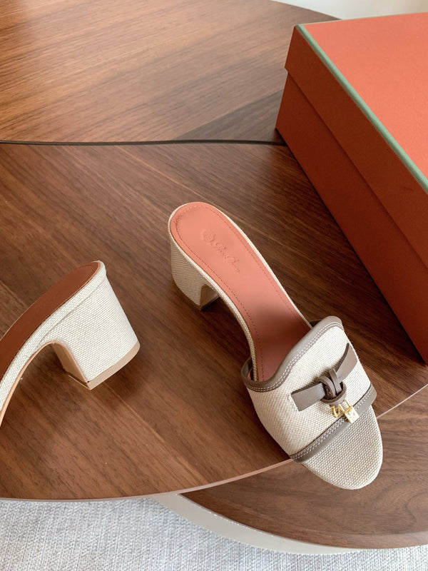LP 26S Summer Mules 60mm Beige Canvas & Calfskin