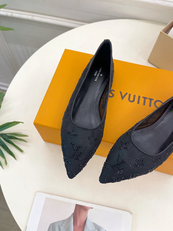 LV Gala Rhinestone Pointed Toe Flat Black Mesh 425136