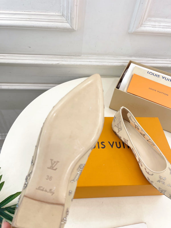 LV Gala Rhinestone Pointed Toe Flat Beige Mesh 425137