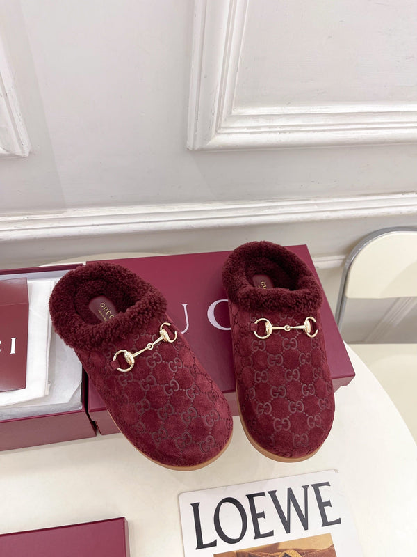GG Horsebit Embossed Mule Red Suede And Wool 536051